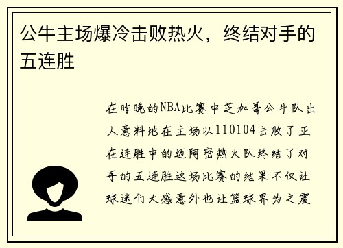 公牛主场爆冷击败热火，终结对手的五连胜