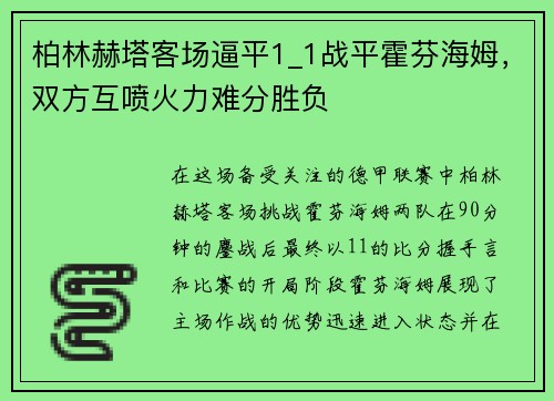 柏林赫塔客场逼平1_1战平霍芬海姆，双方互喷火力难分胜负
